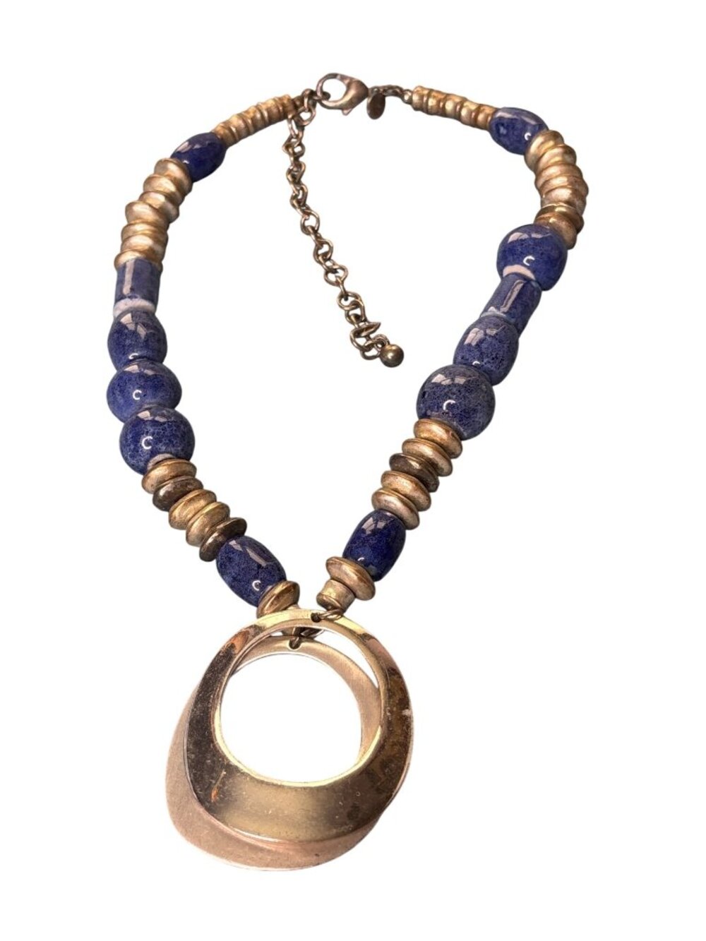 Chicos Beaded Necklace Blue Glazed Ceramic Silvertone Double Pendant Metal Wear